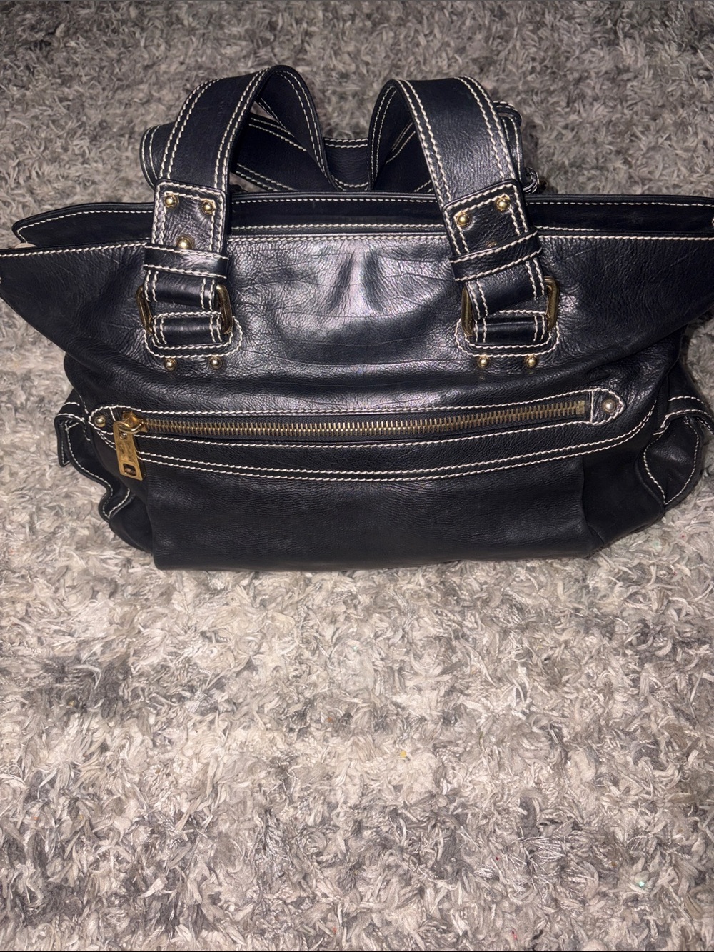Marc Jacob’s Black Leather Tote Bag with Contrast Stitching